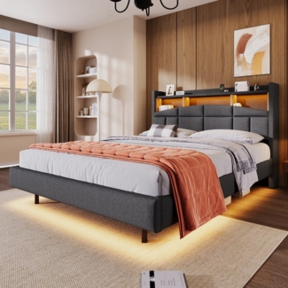 Merax Polsterbett 140x200cm mit LED-Beleuchtung & USB & Type-c (1-tlg, Stauraumbett), Doppelbett mit Flip-Top-Fachboden, Kopfteil mit Ablage, Leinen