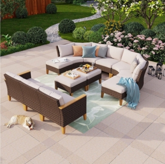 PHI VILLA Gartenlounge-Set, (4 Sofa, 2 Armlehne Stuhl, 2 Armloser Stuhl, 4 Ottomane, Montagehilfe), für 10-12 Personen Halbmondförmig Gebogen Gartensofa Balkonmöbel