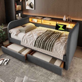 Polsterbett 140x190 cm aus Leinen mit Stauraum und LED-Beleuchtung – integrierte USB- und Type-C-Anschlüsse