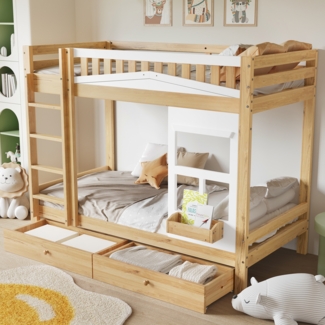 Merax Etagenbett, Kinderbett mit Fenster, mit Fallschutzgitter, stabiles Geländer, Zwei Schubladen mit Rollen, Reichlich Stauraum, Kiefer+MDF, Weiß+Natur, 90x200cm