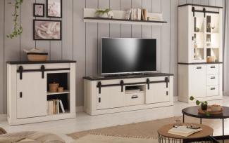 Wohnwand Stove in weiß Pinie und anthrazit Landhaus 388 x 201 cm