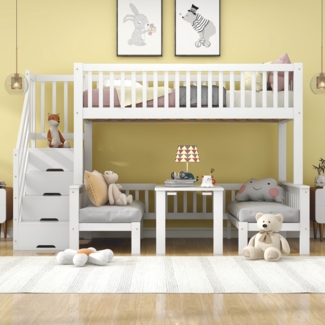 Etagenbett, Kinderbett mit höhenverstellbarem Tisch Aufbewahrungstreppe Sicherheitsgeländer, Kiefer + MDF + Sperrholz, Weiß, 90 x 200 cm & 120 x 200 cm
