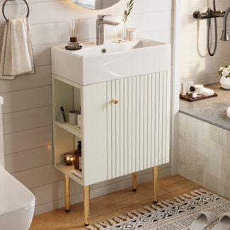 Badezimmerschrank mit integriertem Waschbecken,wasserdicht und verschleißfest, pflegeleicht, mit seitlichen Ablagefächern, bodenstehend,Weiß