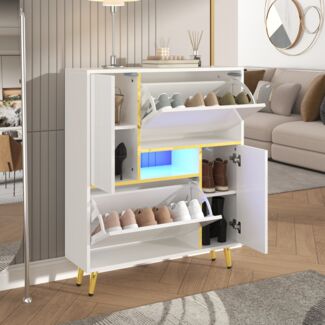 Schuhschrank B 80 x T 25 x H 96 cm aus Spanplatte, Weiß matt mit Hochglanzfront, LED & Golddetails