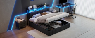 Bett 160x200 cm aus schwarzem Leder mit Gasdruckmechanismus und LED-Beleuchtung