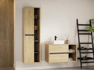 Vente-unique - Waschbeckenunterschrank hängend mit quadratischem Waschbecken und Schrank - Naturfarben - 100 cm - PURNAL