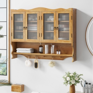 TavilaEcon Wandhängeschrank mit Glastüren & beweglichem Regal für Küche & Badezimmer, retro, 4 Drehtüren & 5 Haken, 100×20×80cm, Natur