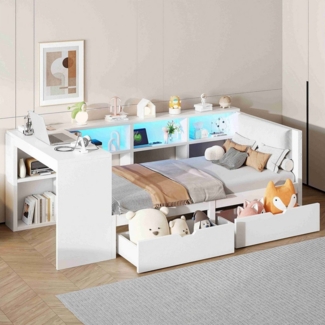 BlingBin Stauraumbett Daybett Tagesbett Einzelbett Kinderbett Jugendbett (1-tlg, mit LED-Licht, Schubladen & Ladestation – Gepolstertes Kopfteil), Plattformbett aus Holz in Weiß mit gepolstertem Kopfteil, 90×200CM