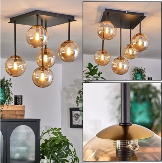 hofstein Deckenleuchte Deckenlampe aus Metall/Glas in Schwarz/Goldfarben/Bernsteinfarben, ohne Leuchtmittel, Leuchte im Retro-Design aus Glas, 5 x G9 LED, ohne Leuchtmittel