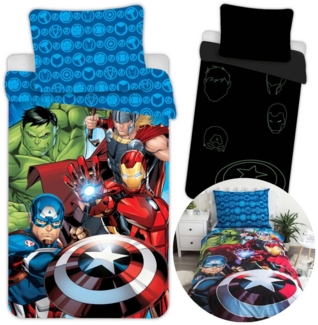 Sarcia. eu Bettdecke + Kopfkissen MARVEL Avengers Baumwollbettwäsche-Set, leuchtet im Dunklen,140x200 cm
