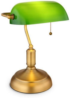 bmf-versand Tischleuchte Schreibtischlampe Retro Bankerlampe Grün Tischlampe Wohnzimmer LED, Altmessing, LED wechselbar, Warmweiß, Zugschalter