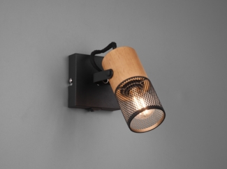 LED Wandstrahler mit Schalter, Schwarz mit Holz & Gitterschirm, Breite 9cm