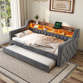 LVHOM Polsterbett 90x190cm, Schlafsofa mit Ausziehbett, Sofabett mit LED-Beleuchtung, USB-C-Anschluss und Ablagefächern, Kinderbett, Einzelbett, Samtstoff Grau