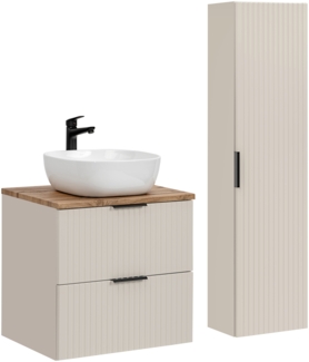 ADEL CASHMERE Badmöbel-Set 60 cm mit einer Waschtischplatte, 1 Smile-Aufsatzwaschbecken und einem Hochschrank (46x60cm), Kaschmir matt,Eiche Wotan