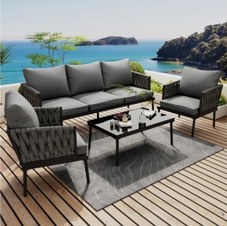 Celya Gartenlounge-Set Gartenlounges Balkon, Gartenmöbel Set 5 Personen mit Sofa und Esstisch, (Gartenmöbel Set mit bequemen Kissen, 3er Sofa, 2 Sessel und Couchtisch, Glastischplatte, geflochtene Seilarmlehnen, verzinkter Stahl, Grau)