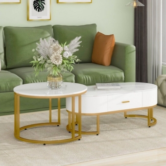 HAUSS SPOLE Couchtisch Couchtisch 2er Set Kaffeetisch Sofatisch Couchtisch (2-teilig Couchtisch mit goldenen Metallrahmen, 2-St, Satztisch (2-St), Wohnzimmnertisch aus Holz), Moderne Beistelltisch, Weiß