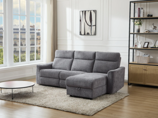 Vente-unique - Eckrelaxsofa elektrisch mit Stauraum - Ecke rechts - melierter Stoff - Grau - MOROZEL
