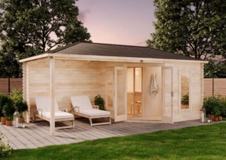 FinnTherm 5-Eck Saunahaus Liwa Gartensauna 3 Sitzbänke aus Holz Sauna mit 40 mm Wandstärke Außensauna mit Montagematerial