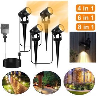 QUBEBU LED Gartenstrahler LED Gartenlampe mit Erdspieß, 4/6/8er Set, Außenleuchte, Strahler IP66, LED fest integriert, Warmweiß/RGBW,Schwenkbar Außenleuchte mit Stecker, Dekorative Gartenlampe Beleuchtung für Außen Garten Rasen.