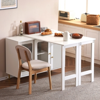 Merax weißer Buffet-Sideboard mit klappbarer und ausziehbarer Tischplatte, drehbarer Oberfläche, goldenen Metallbeinen, Glasschiebetüren und Wellenmuster