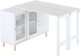 Merax weißer Buffet-Sideboard mit klappbarer und ausziehbarer Tischplatte, drehbarer Oberfläche, goldenen Metallbeinen, Glasschiebetüren und Wellenmuster