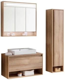 Fackelmann NATURA Badmöbelset 4-teilig, 94 cm, Braun hell + Spiegelschrank + Hochschrank rechts