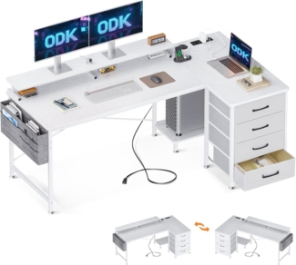 ODK Eckschreibtisch L-Form mit 4 Schubladen, 2 USB Ladeanschlüssen & 2 Steckdosen