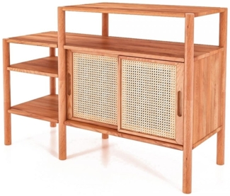 Bücherregal Zola Kernbuche massiv und Rattan 120x86 cm 2 Schiebetüren 3 Fächer