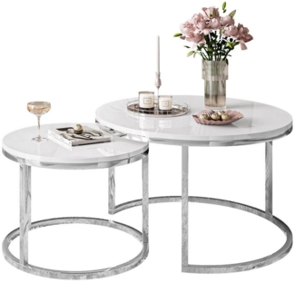 Lookway Couchtisch CIRI 2in1 Hochglanz Chrom Gestell Runder Tisch (2er Set)