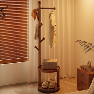 TWSOUL Garderobenständer Drehbarer Kleiderständer Massivholz mit 2 Ablageflächen und 7 Haken, 187*40CM, Bis 100KG, für Wohnbereich, Flur, Schlafzimmer, Büro