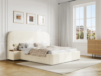 Vente-unique - Bett mit Bettkasten mit Nachttischen - 180 x 200 cm - Bouclé-Stoff - Weiß - ESTERIA von Maison Céphy