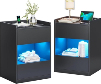 MSMASK Nachttisch mit LED-Beleuchtung und Ladestation, 40x35x60cm (2-St), Nachtschrank mit viel Stauraum