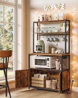 VASAGLE Küchenregal mit Steckdosen, Küchenschrank, 40 x 80 x 170 cm, Standregal mit 8 Haken, braun-schwarz