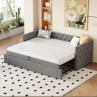HAUSS SPOLE Schlafsofa 90x200 cm Klassische Vollform mit Knöpfen, Mit Lattenrost, Samt, Grau, Ausziehbares Schlafsofa, Klassische Vollform mit Knöpfen, Mit Lattenrost, Multifunktionales Bett-Gästebett, Hautfreundlicher Samtstoff, ohne Matratze