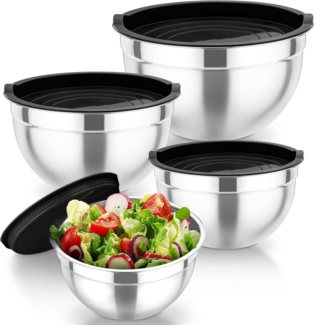 TEAMFAR Rührschüssel Set Edelstahl Salatschüssel Schwarz Luftdicht Deckel