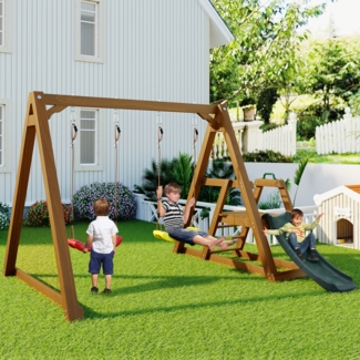 Merax 238,5x240x168,9cm Doppelschaukel für Kinder, Robuste Kinderschaukel mit Rutsche und Kletterleiter, Outdoor Schaukelgerüst Schaukelgestell aus Massivholz