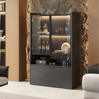 HAUSS SPOLE Vitrine mit LED-Beleuchtung, Glastüren und Klapptür, Glasvitrine Schwarz (Glasvitrine, Standvitrine, Hochschrank, 1-St, 3 Türen) mit Glastüren und Klapptür