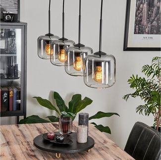 hofstein Hängeleuchte Hängelampe aus Metall/Glas in Schwarz/Rauchfarben/Klar, ohne Leuchtmittel, im Vintage/Retro Design, Glasschirme Ø15cm, 4x E27, ohne Leuchtmittel