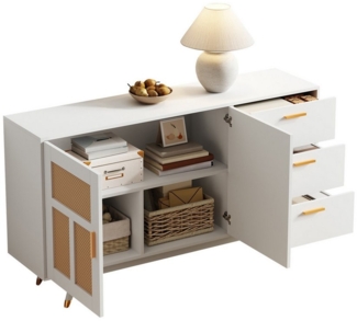 OKWISH Sideboard mit viel Stauraum (Kommode, Wohnzimmerschrank, Aufbewahrungsschrank, 1 St, 2 Rattan Türen, 3 Schubladen), mit Kippsicherung