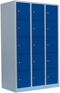 Schließfachschrank Fächerschrank Wertfachschrank Fächerschrank Metall 190 x 118,5 x 45cmm Lichtgrau/Blau 15 Fächer 3 Abteile Abteilbreite ca. 400 mm