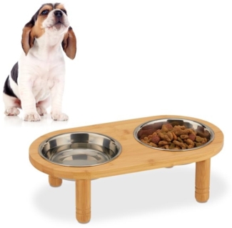 Relaxdays Futterbar für kleine Hunde, 2 Näpfe je 300 ml, Edelstahl / Bambus silber / natur, 9,5 x 34,5 x 18 cm