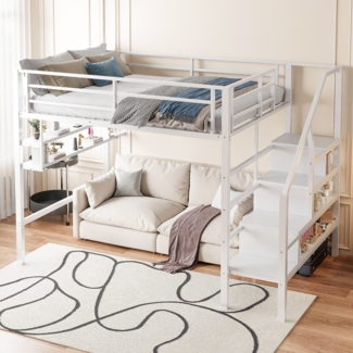 Hochbett mit Lattenrost, 140x200 cm, Metallbett mit Rausfallschutz, Regal, Treppe, Jugendbett, Kinderbett