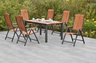 MERXX Garten-Essgruppe »Athos«, (Set, 7-tlg, 5-fach verstellbare Rückenlehne, Aluminium mit Akazienholz), Ausziehtisch: LxB: 150-200 x 90 cm