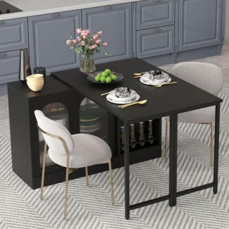 Merax Moderner Bartisch, Ausziehbar 360° Drehbare Bartisch Mit Stauraum, Reversibel Tisch Sideboard Bar Mit Glasschranktür, Bar Tisch Für Küche Kaffeebar Möbel, Schwarz