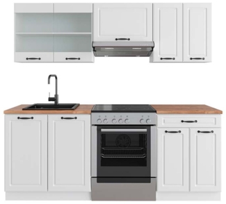 Küchenzeile R-Line Weiß Landhaus/Weiß 200 cm , AP Eiche Vicco