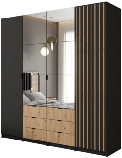 MOEBLO Kleiderschrank XANO 200 (Drehtürenschrank mit Schubladen 4-türig Schrank Garderobe Schlafzimmer Schrank mit Latten aus Holz / Holzlatten, mit Spiegel und Schubladen) (B x H x T):200cm x 216cm x 57cm