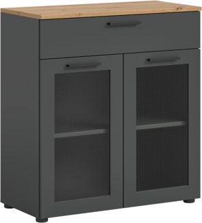 Xonox Niklas Kommode (B/H/T): 78x84x38 cm in Basalt grau mit Absetzung in Artisan Eiche und Glas