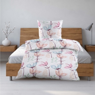 Casa Colori Bettwäsche Seersucker Bettwäsche-Set, 100% Polyester, Weiß mit bunten Blumen, Seersucker, 2 teilig, Decke 135x200 cm, Kissen 80x80 cm