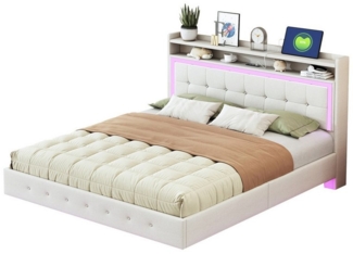 Flieks Polsterbett, LED Doppelbett 160x200cm mit USB-Laden und Stauraum am Kopfteil Leinen