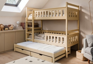 Kids Collective Hochbett 90x200 mit Ausziehbettfunktion Etagenbett Kinderbett zwei Schubladen Kinder 2 Lattenrost Rausfallschutz umbaubar in drei Betten natur